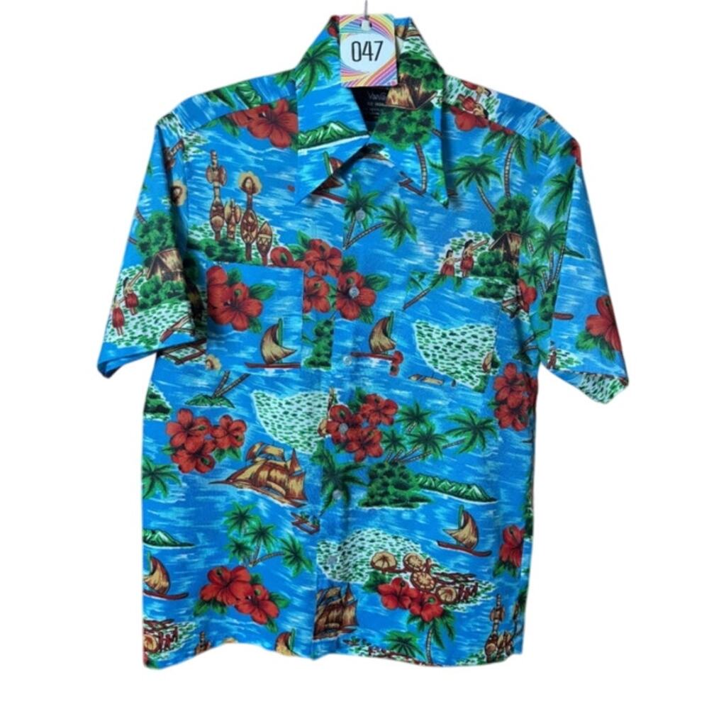 Vintage 70’s Van Cort Blue Green Hawaiian Tropical Surfer Shirt Small Hibiscus